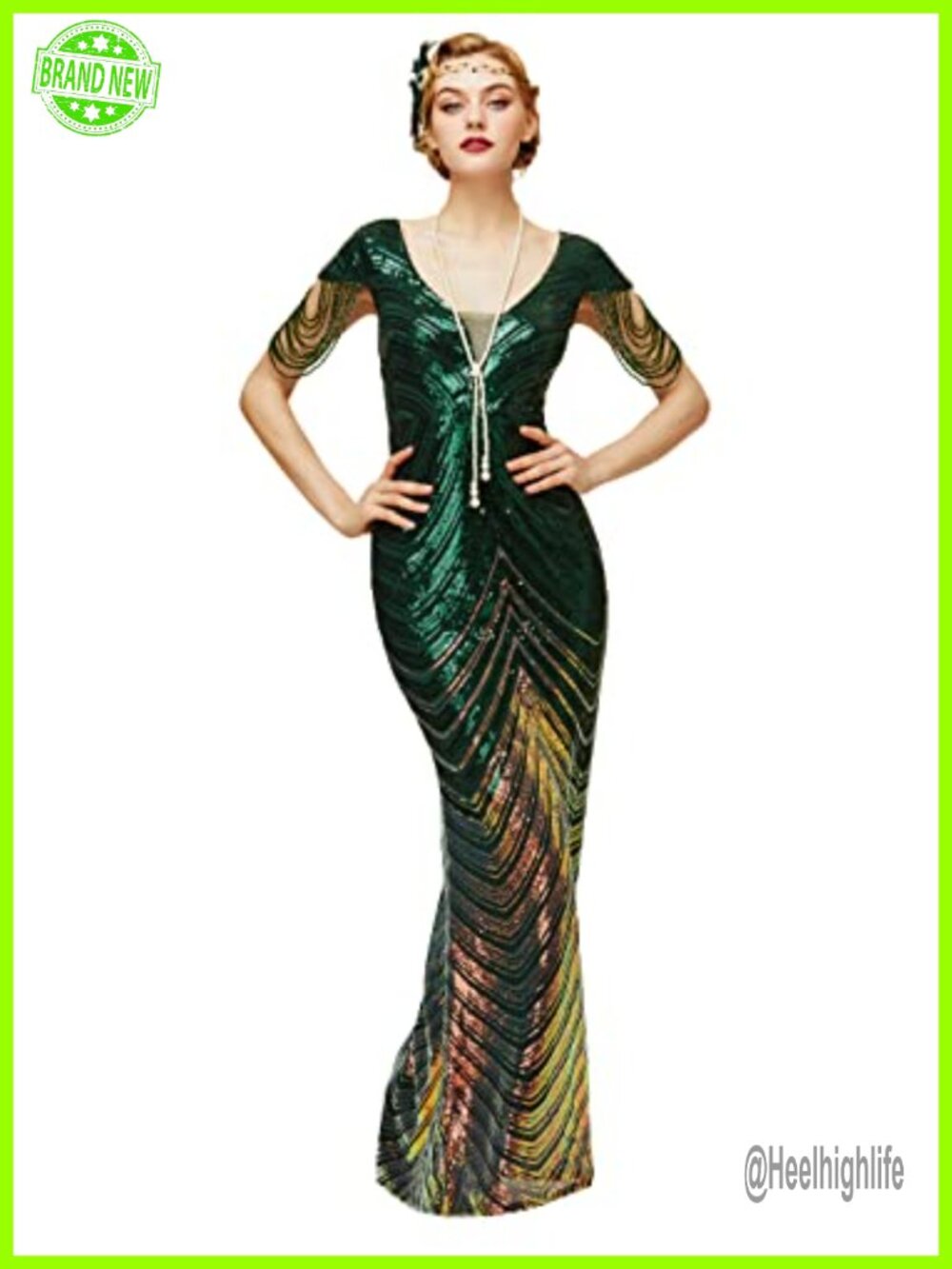 BABEYOND Mermaid Sequin Gown Bodycon Maxi Prom Dress V Neck